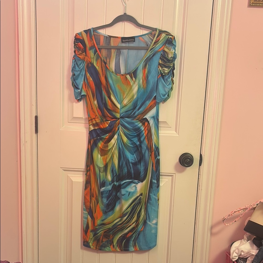 Frank Lyman Design Blue and Yellow Ruched Wrap Midi Dress